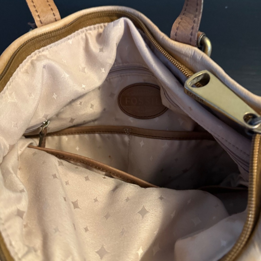 Fossil Multicolor Striped Leather Suede Foldover Crossbody Tote Bag Brown Mauve - Picture 9 of 12
